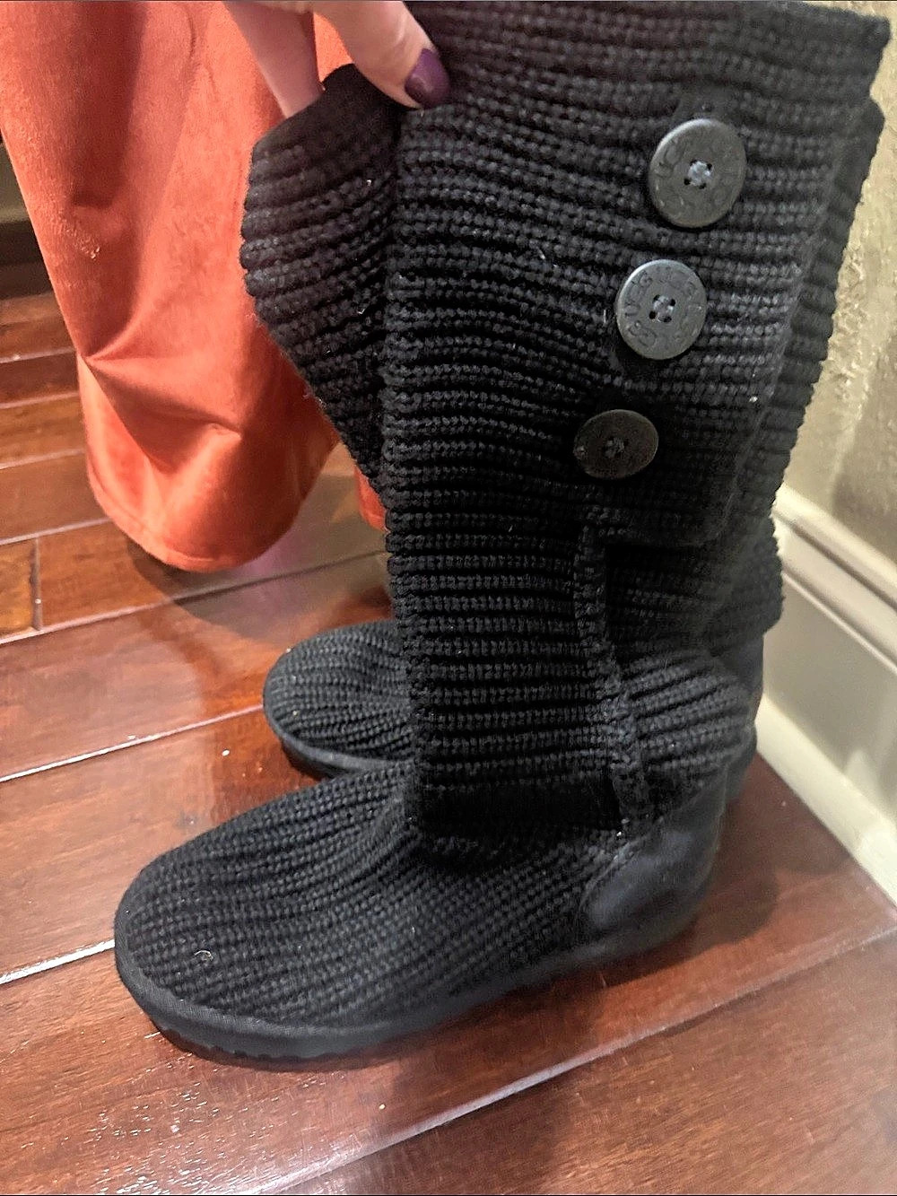 UGG Cardy Knit Boot Black Button Tall Winter Boots